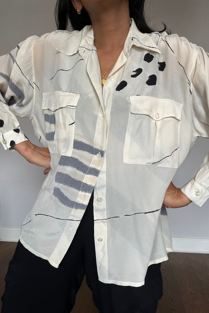 Vintage Abstract Print Silk Shirt